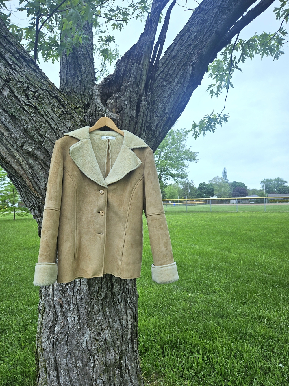 Tribal Faux Suede Fur Lined Button Closure Jacket Tan Medium/large